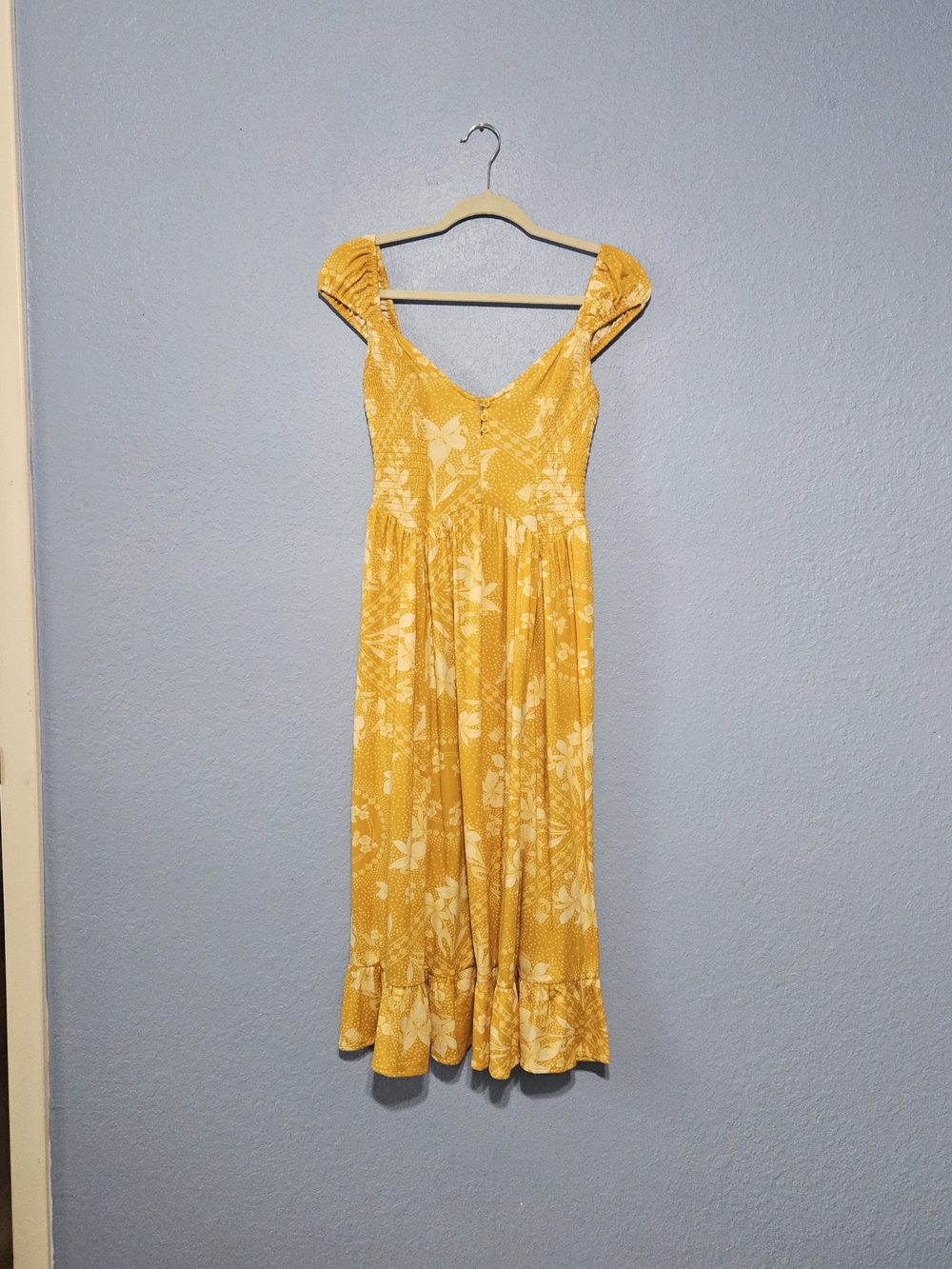 Urban Outfitters Yellow Floral V-Neck Midi Dress